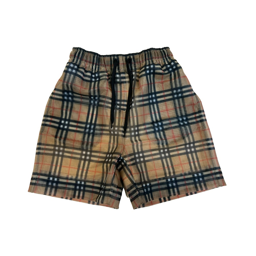 New Burberry Men's Swim Short Iconic Plaid Sheer Over Tan Mesh Pullon Pockets XS